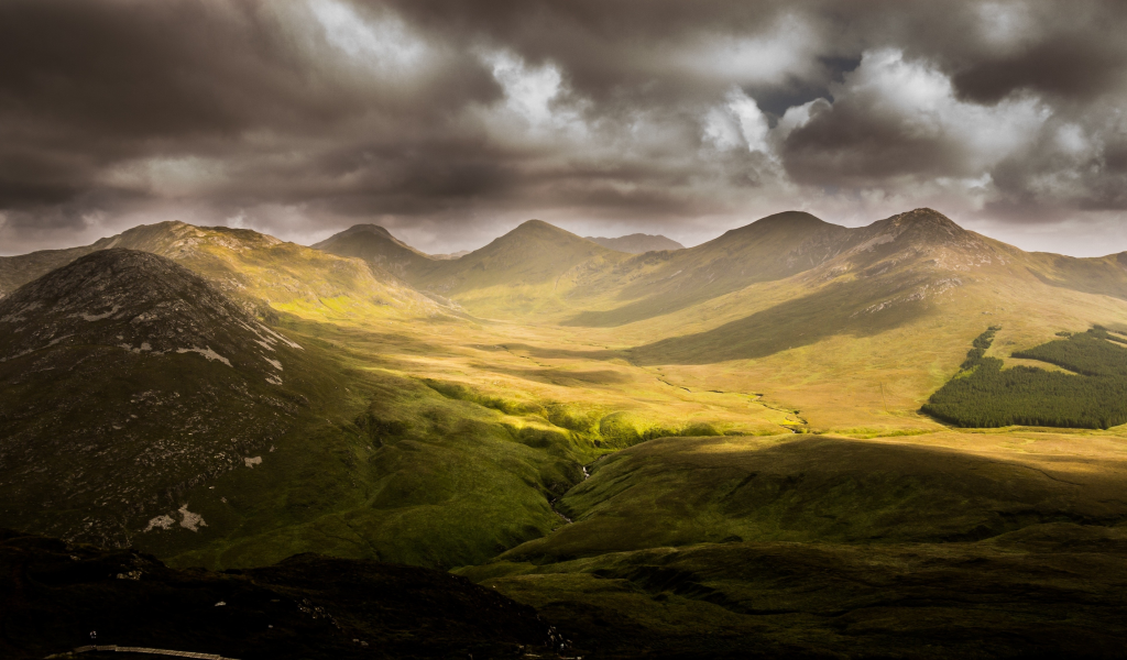 sun, green, mountains