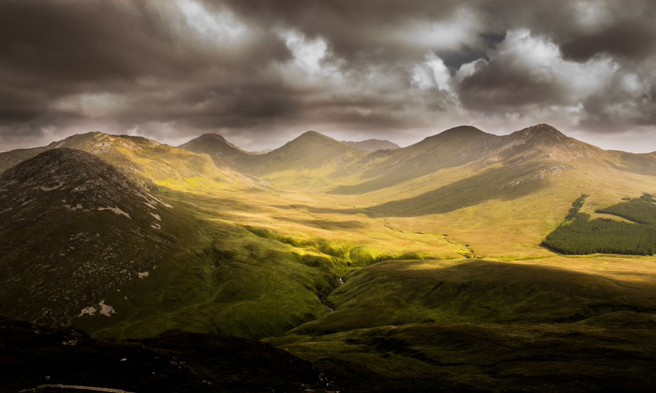 sun, green, mountains