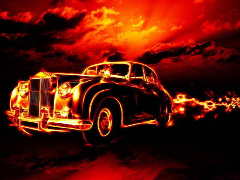 classic car, clouds, fire, flame, horrorred, sky, hell