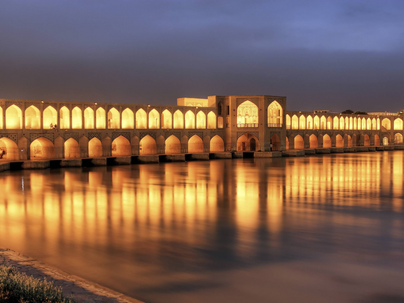 lights, islamic architecture, iran, night, river, architecture