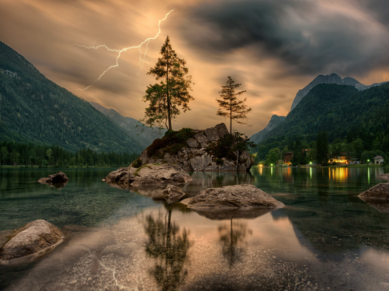 hintersee, cloud, water, plant, mountain