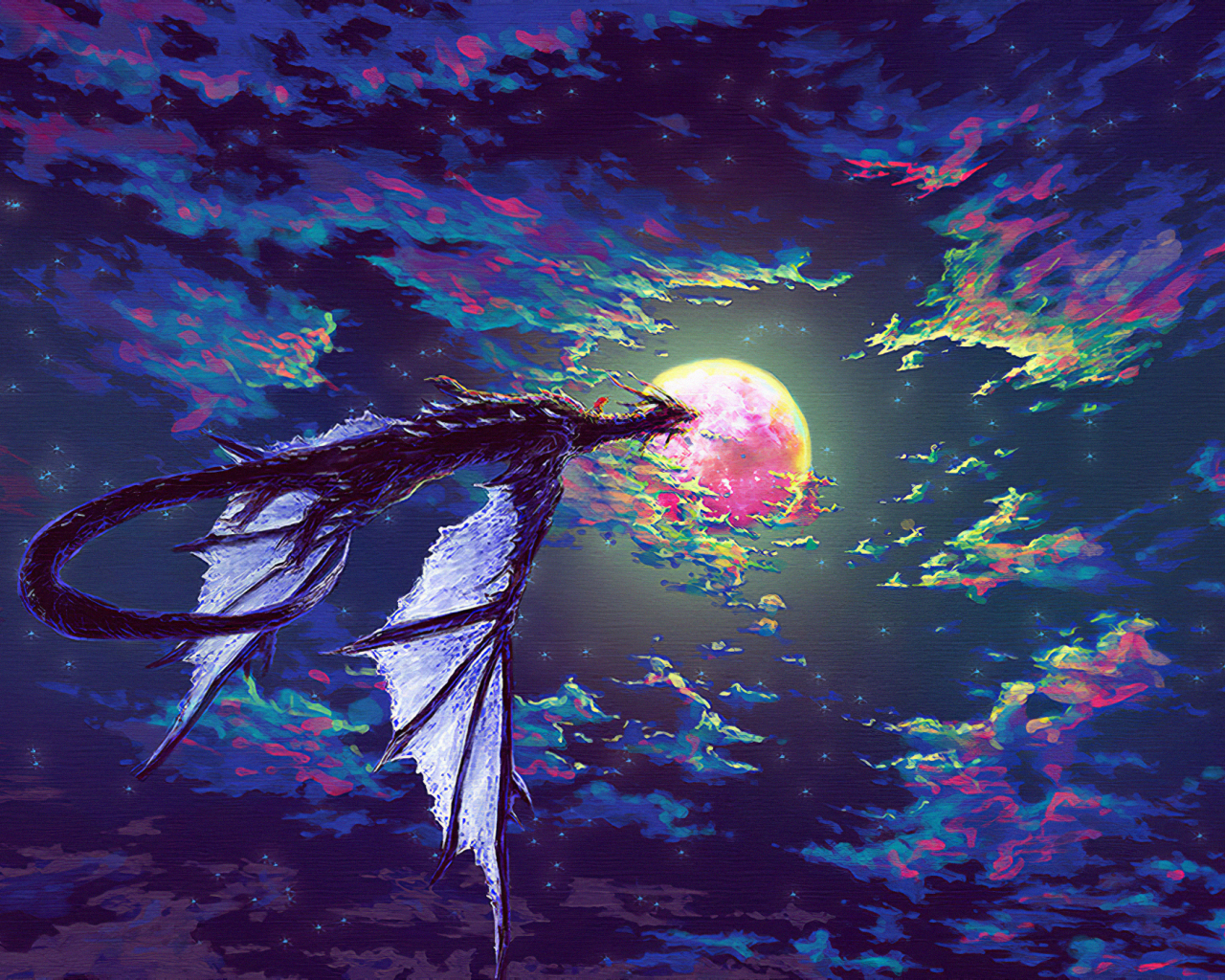 fantasy, sky, clouds, dragon, moon