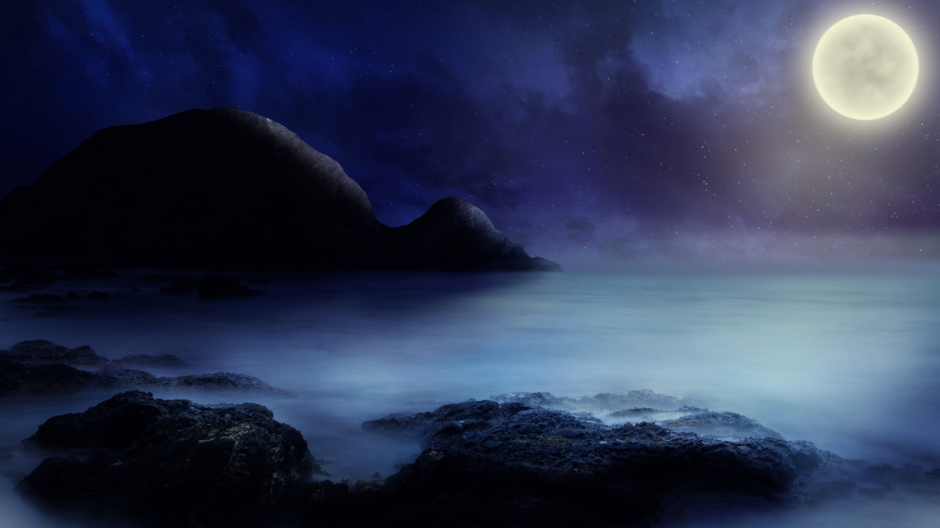 landscape, night, mountain, sea, moon