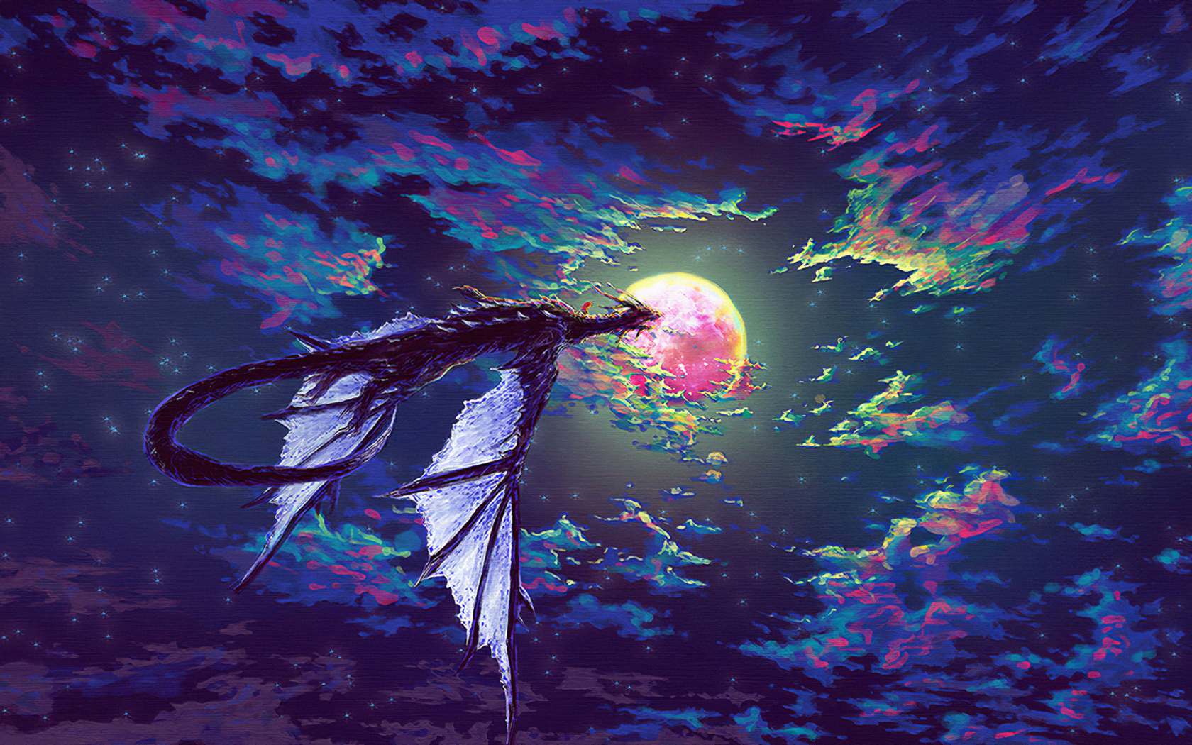 fantasy, sky, clouds, dragon, moon