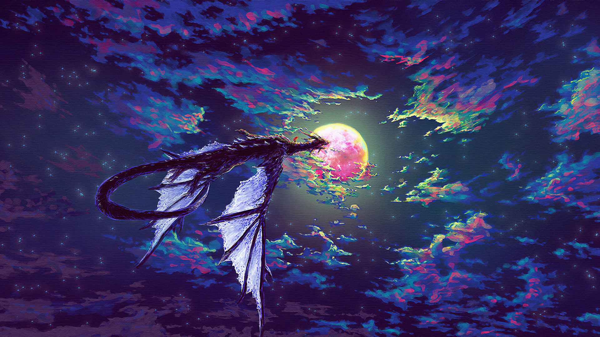 fantasy, sky, clouds, dragon, moon