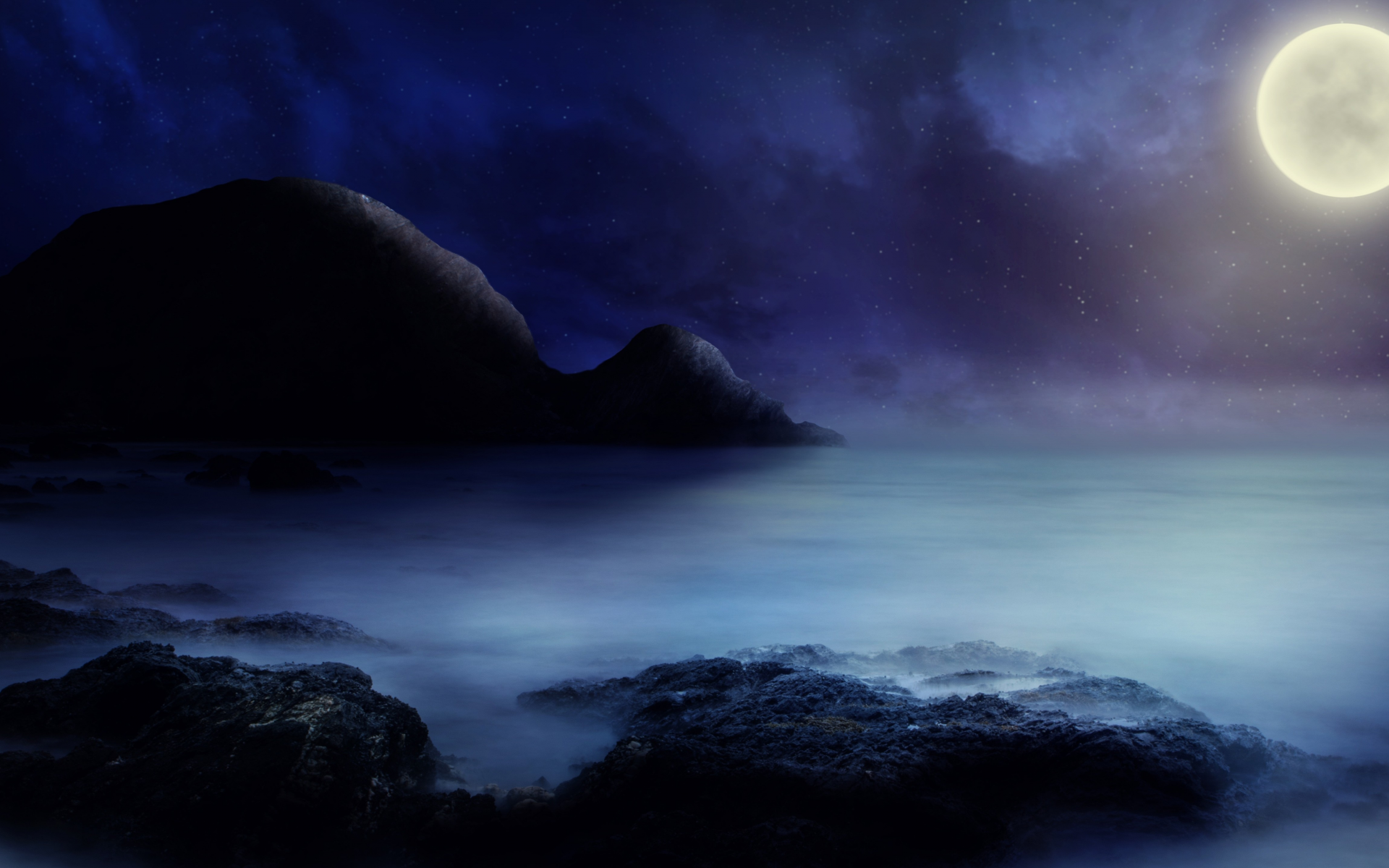 landscape, night, mountain, sea, moon
