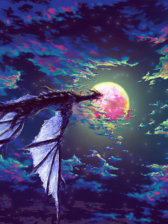 fantasy, sky, clouds, dragon, moon