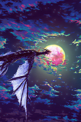 fantasy, sky, clouds, dragon, moon