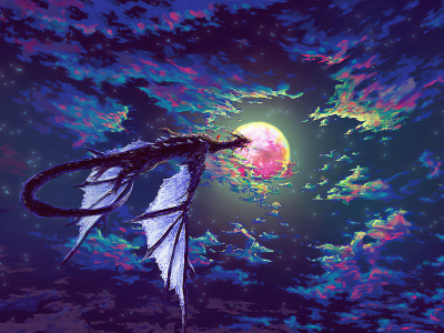 fantasy, sky, clouds, dragon, moon