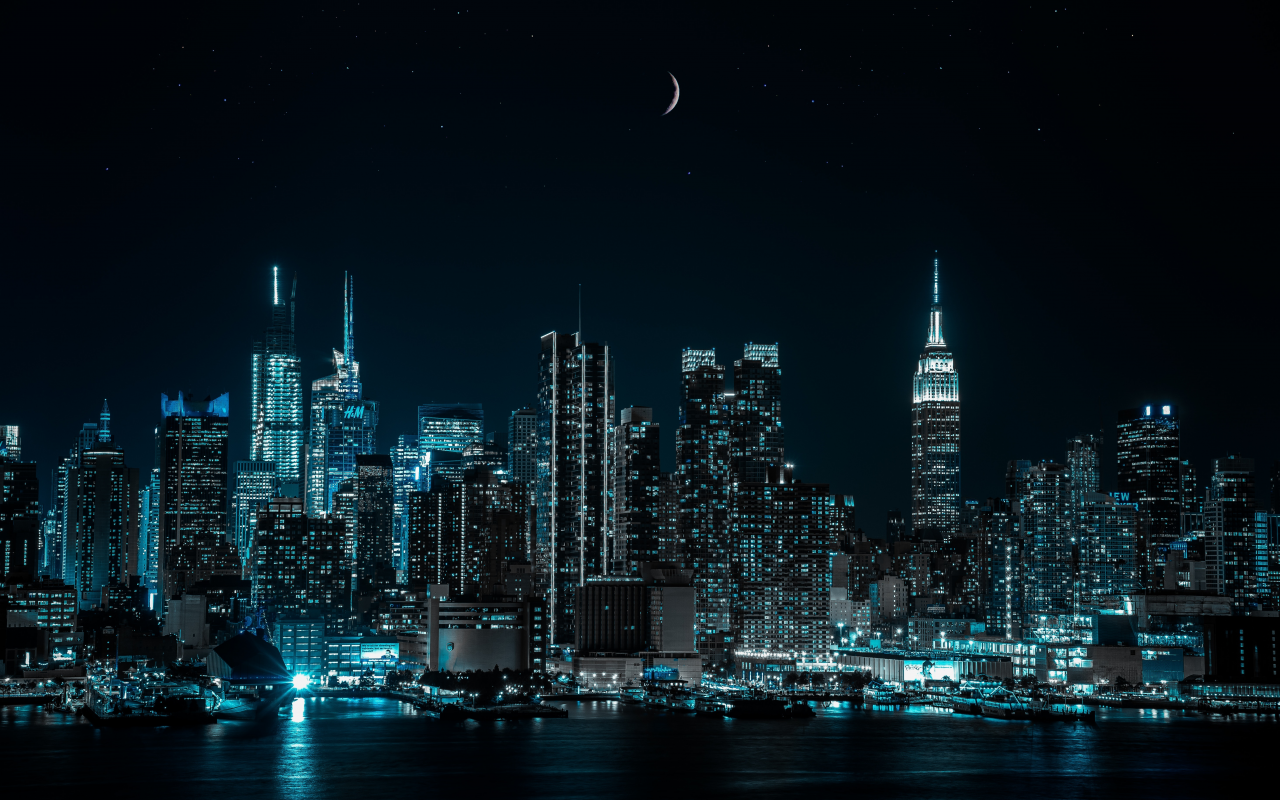 new york city, cityscape, night, city, lights, half moon