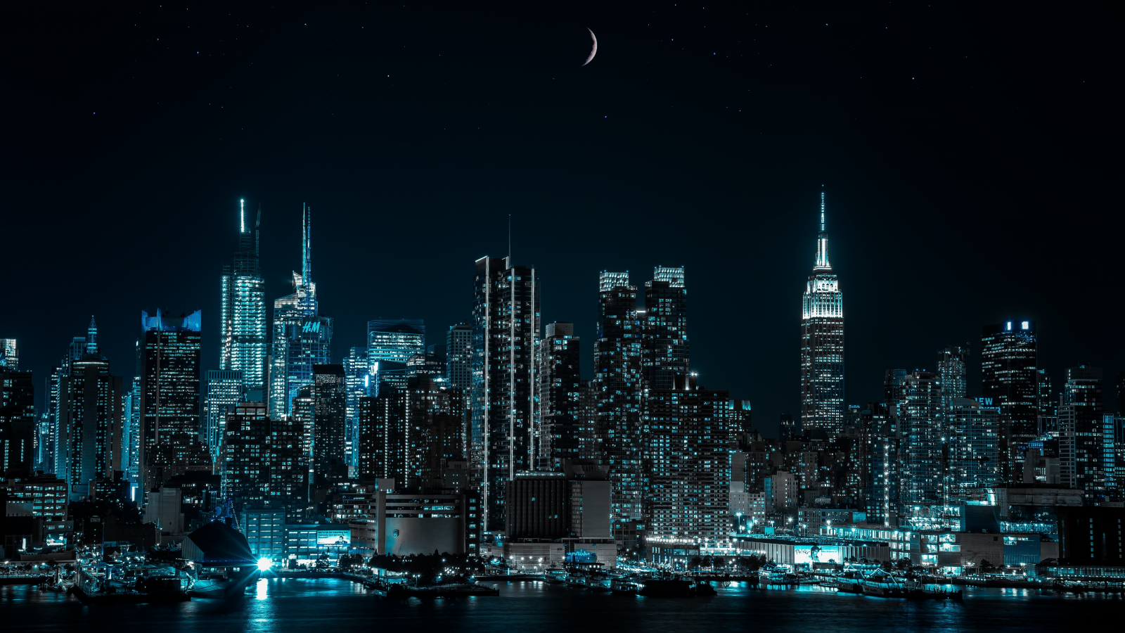 new york city, cityscape, night, city, lights, half moon