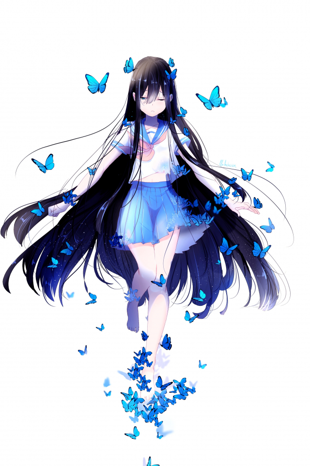 Anime girl with long hair with blue butterflies
