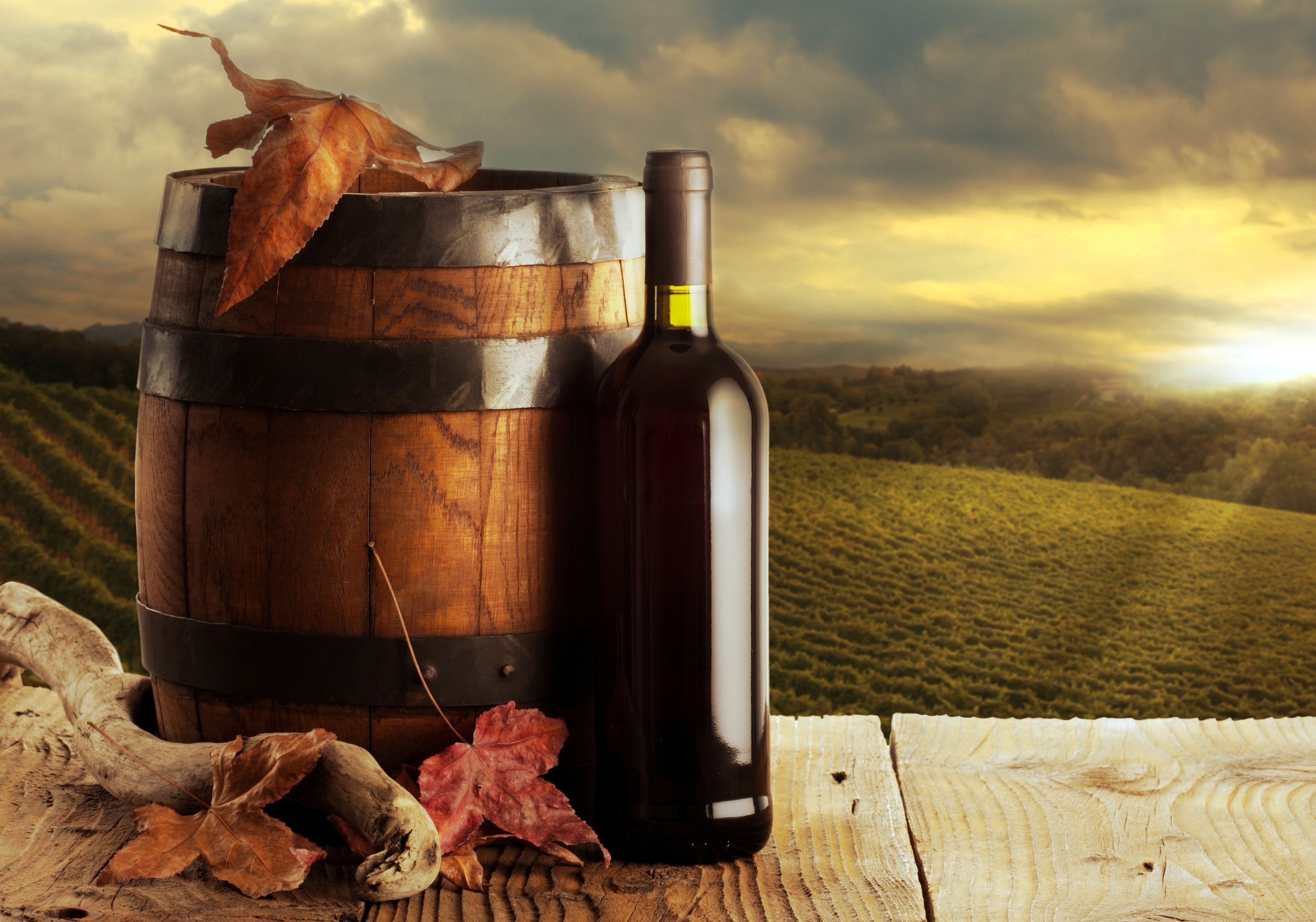 Обои листья, бочка, бутылка, вино, красное, осень, фон на рабочий стол
