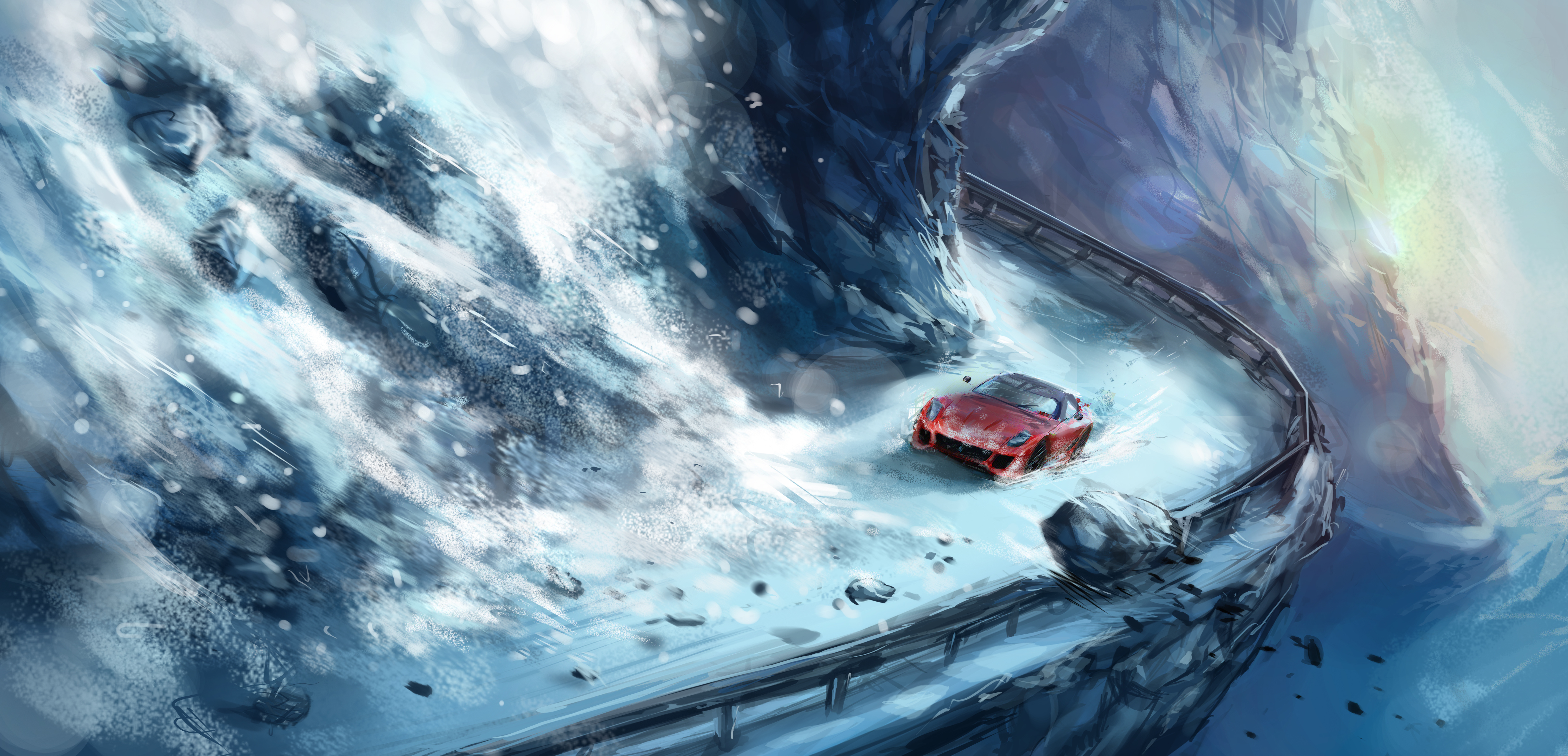 Машина едет по реке. Машина арт. Машина в снегу арт. Красивые арты машин. Арт машина на дороге в горах.