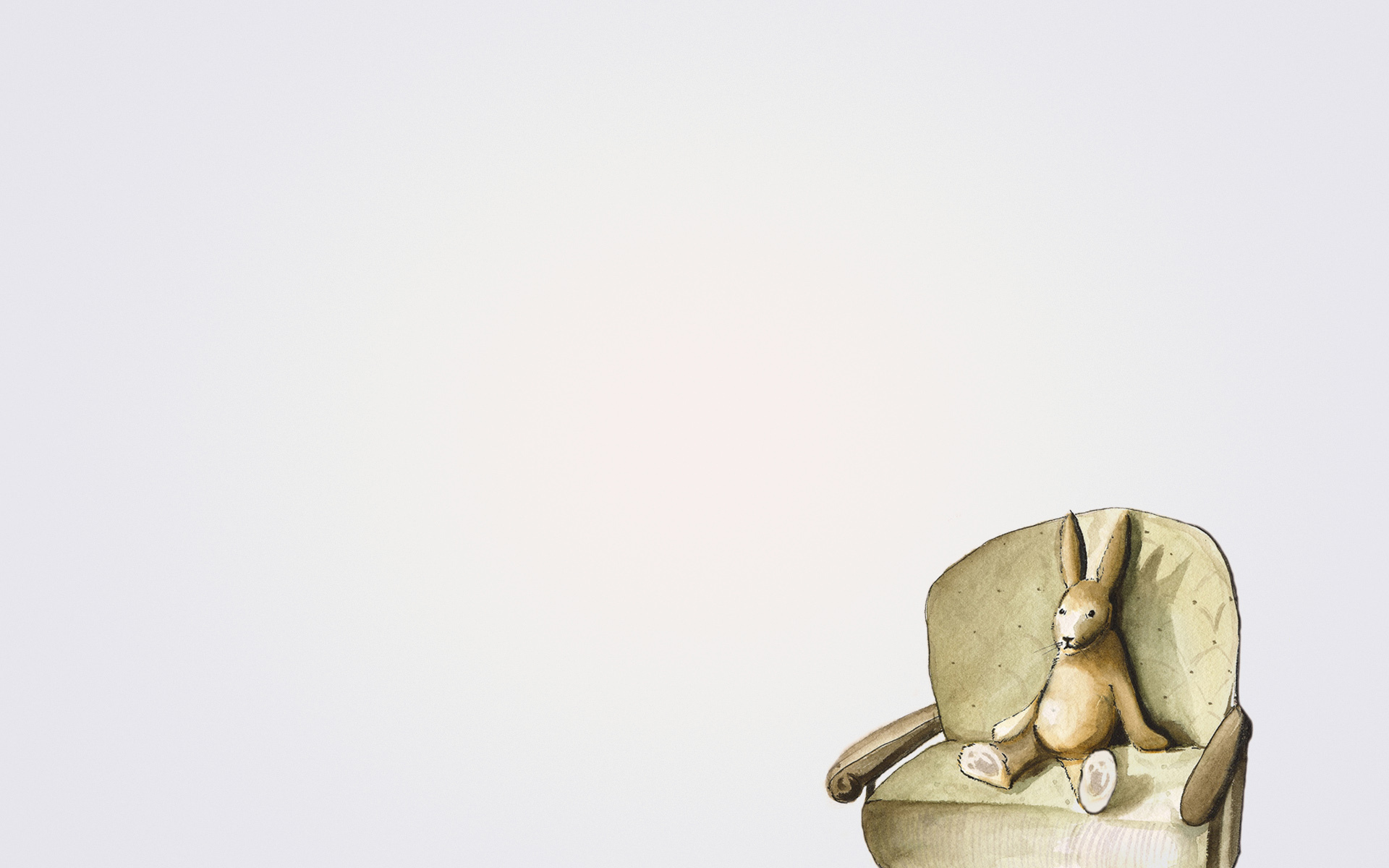 Обои минимализм, светлый фон, сидит, rabbit, кролик, заяц, диван на .