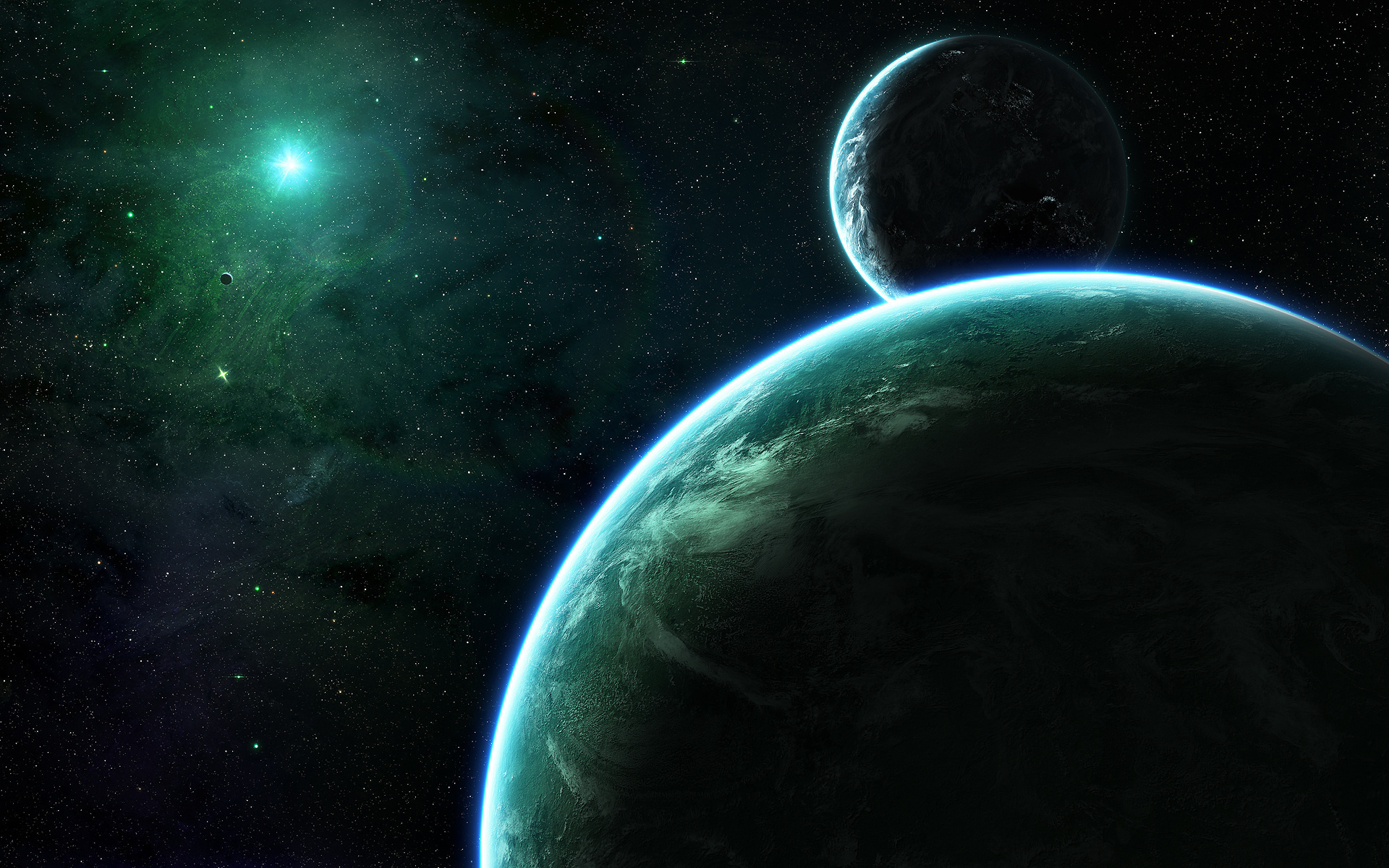 Обои darkness, planets, stars, green, light, sci fi, planet, shadows на раб...