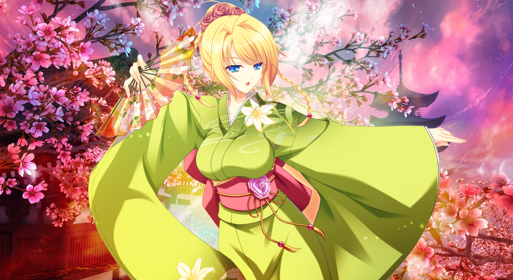 Обои аниме, девушка, блондинка, кимоно, девушка в кимоно, голубые глаза,  сакура, цветение сакуры, лилия на рабочий стол
