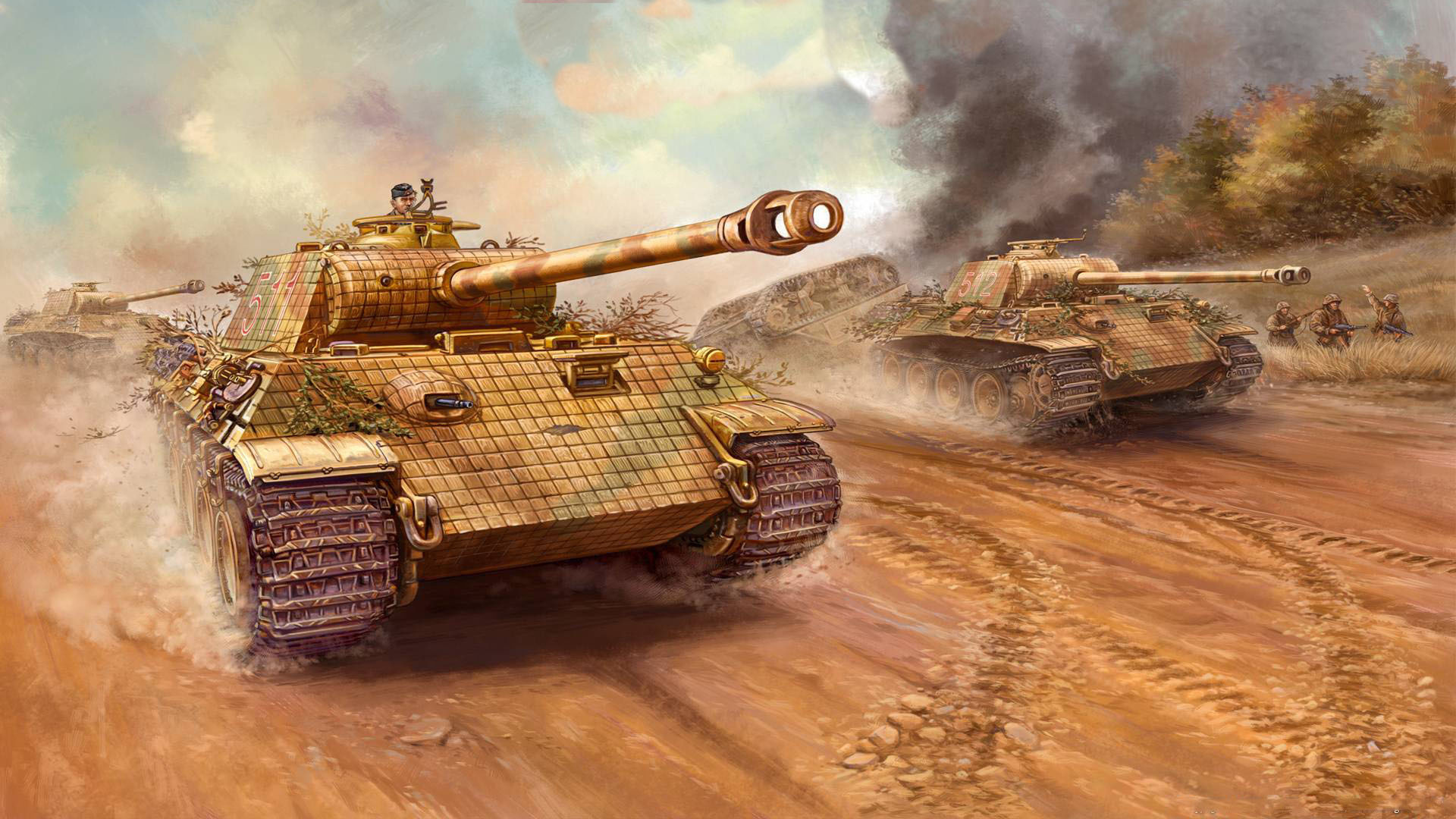 Обои танки, рисунок, немцы, атака, пантеры, арт, flames of war, panther на  рабочий стол