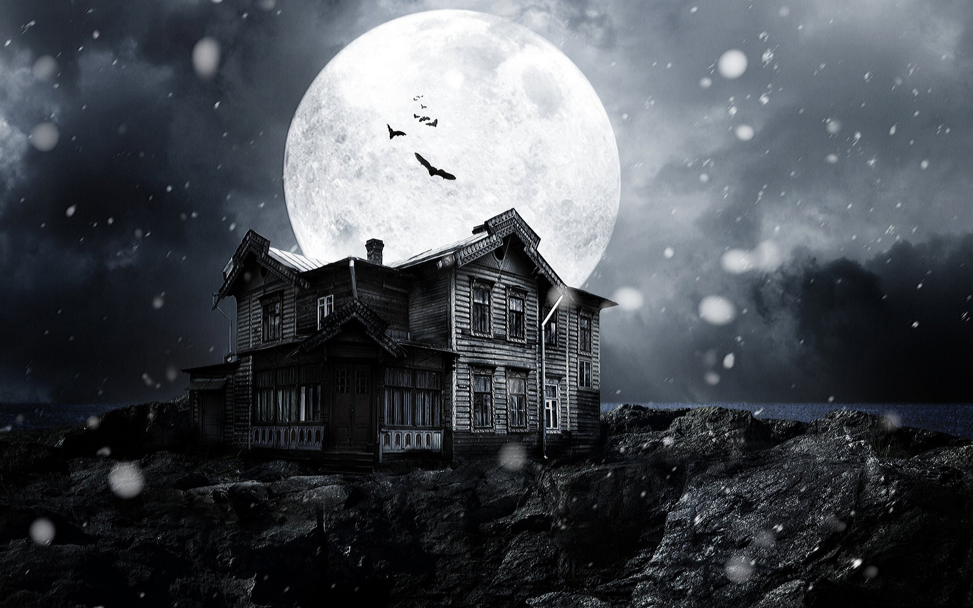 Обои Ночь, Луна, дом, летучие мыши, снег на рабочий стол. 