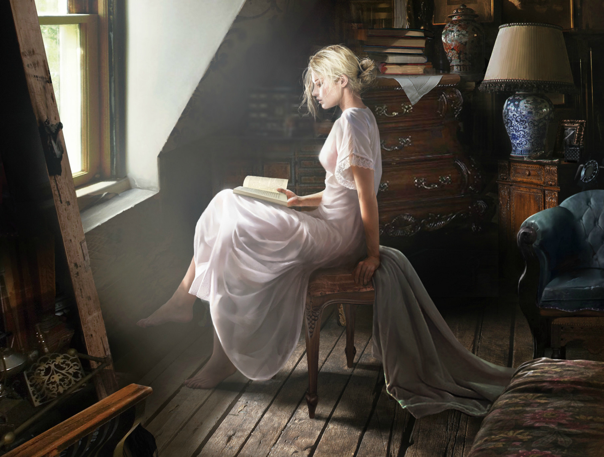 За окном белом платье. Девушка с книгой. Женщина с книгой картина. Девушка с книгой у окна живопись. Комната для женщины.