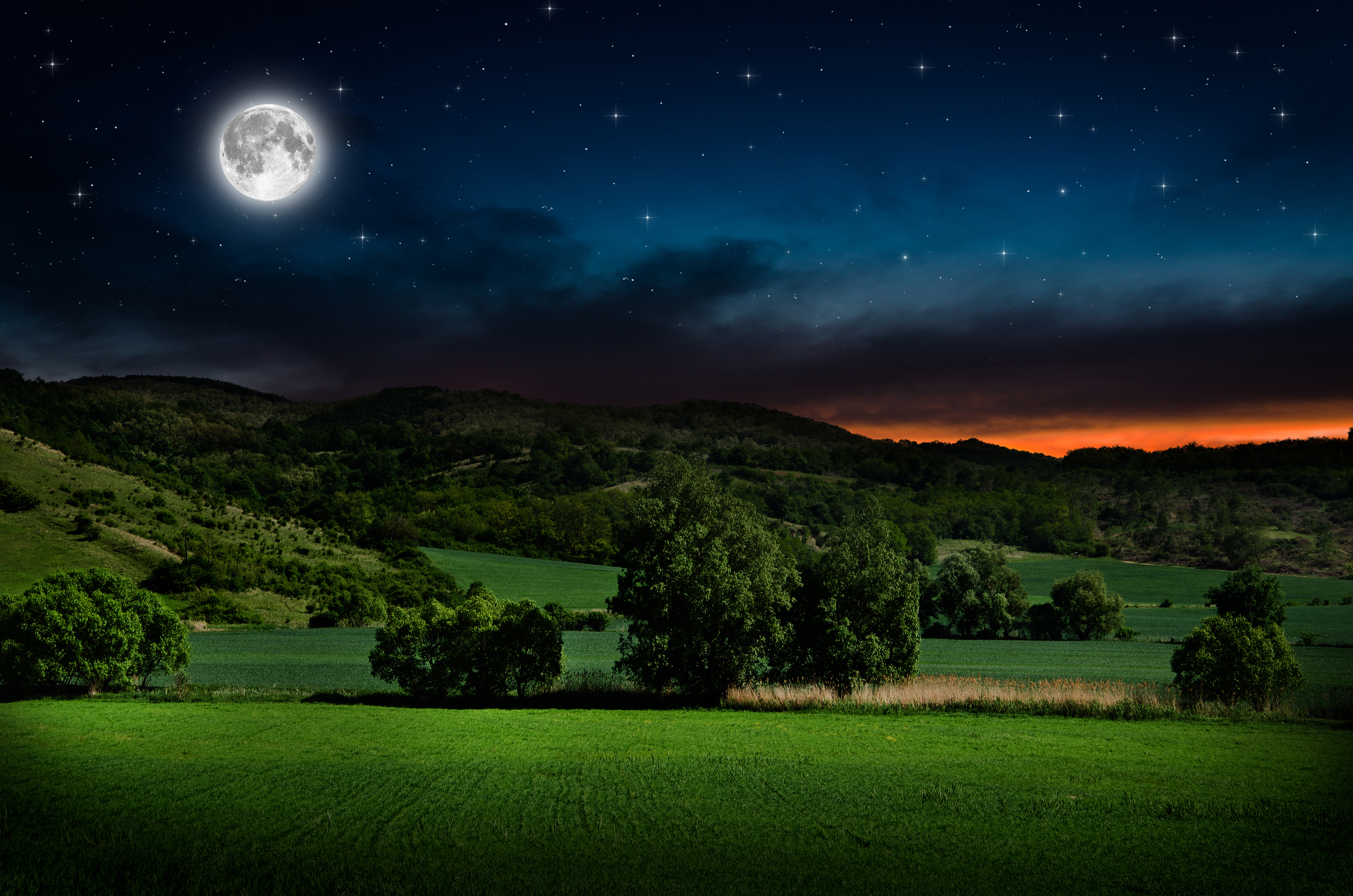 Обои луна, ночь, пейзаж, облака, небо, звёзды, холмы, кустарники, деревья  на рабочий стол