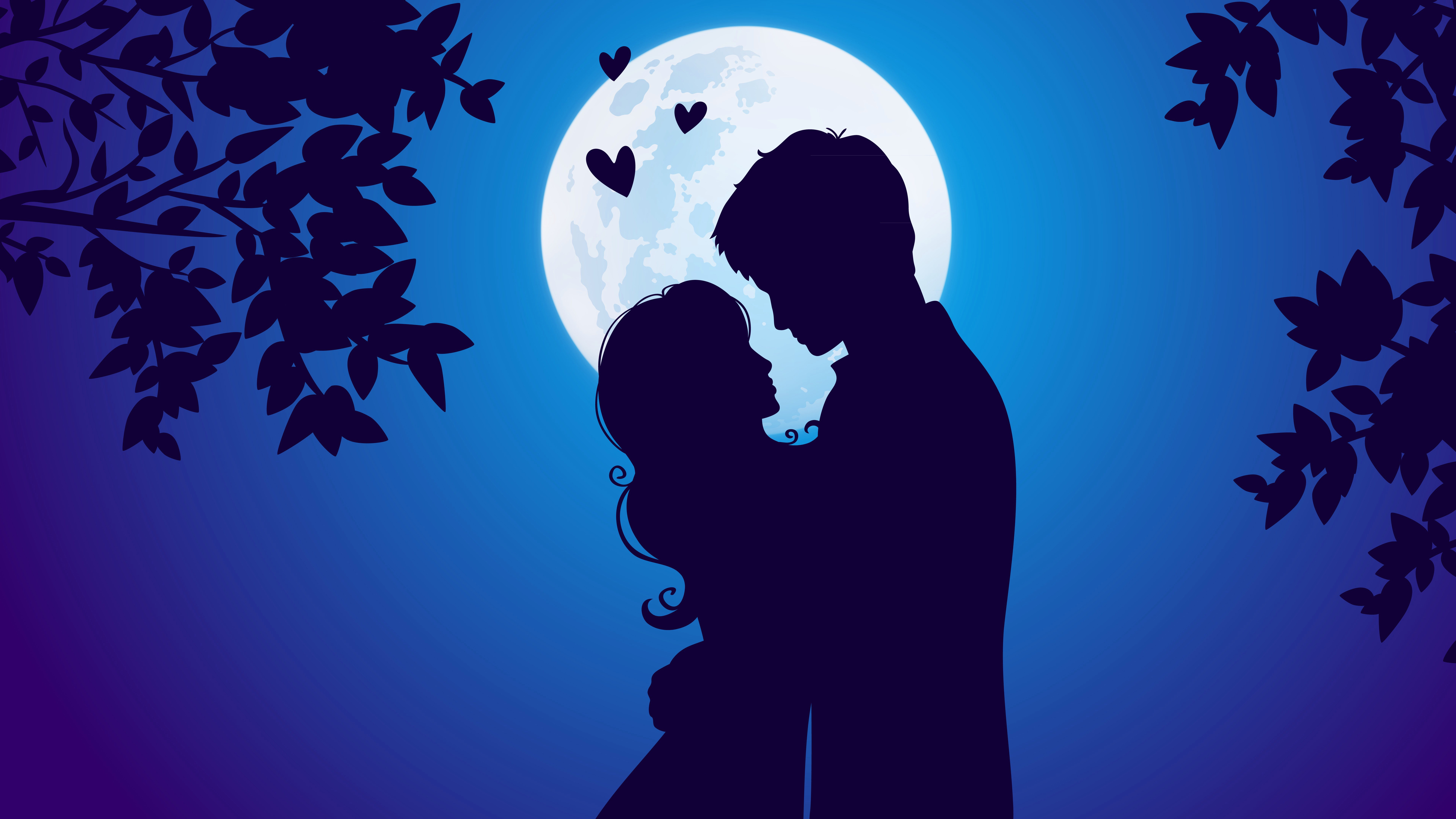 Слушать ночь целовала день. Влюбленные на фоне Луны. Силуэты влюбленных. Пара на фоне Луны. Силуэт любовь.