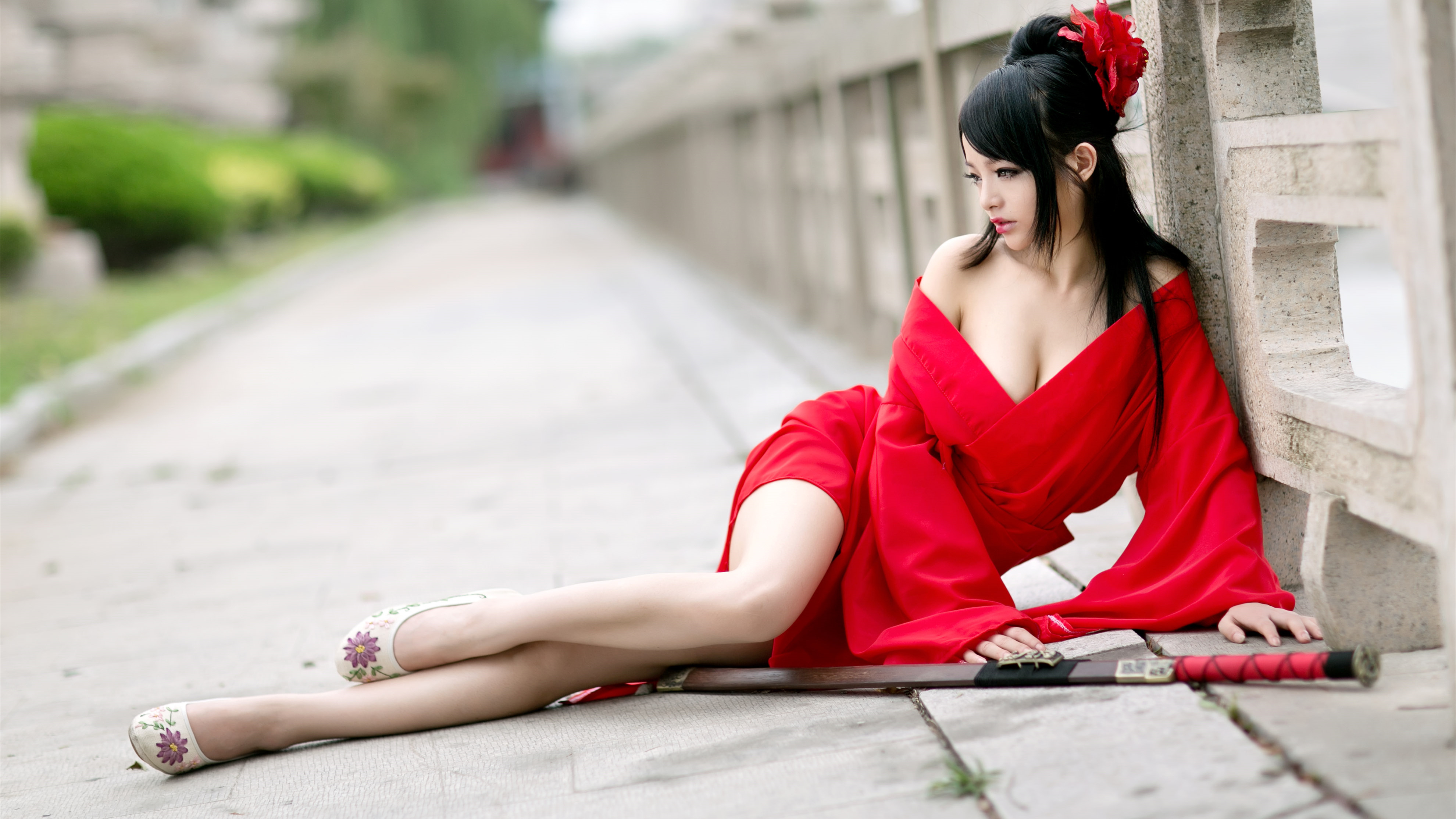 Обои girl, woman, beautiful, sexy, dress, legs, asian, sword, cosplay на ра...