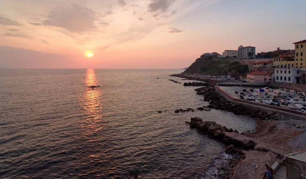 море, закат, город, пейзаж