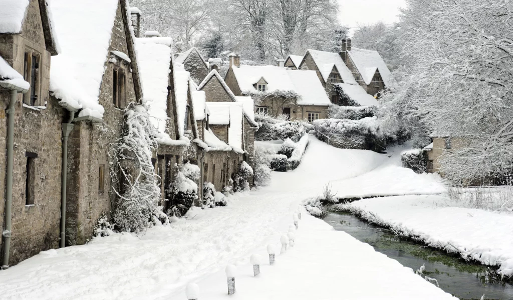 Bibury, снег, деревушка, англия, зима
