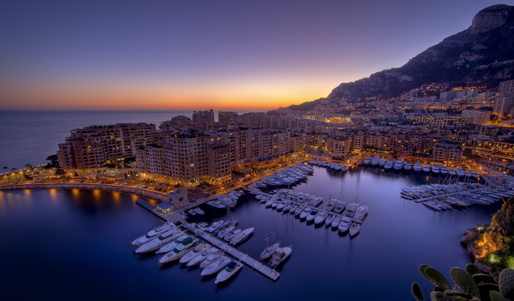 ночь, залив, город, monaco