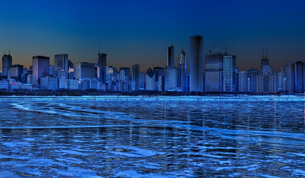 синий, небоскребы, лед, зима, панорама