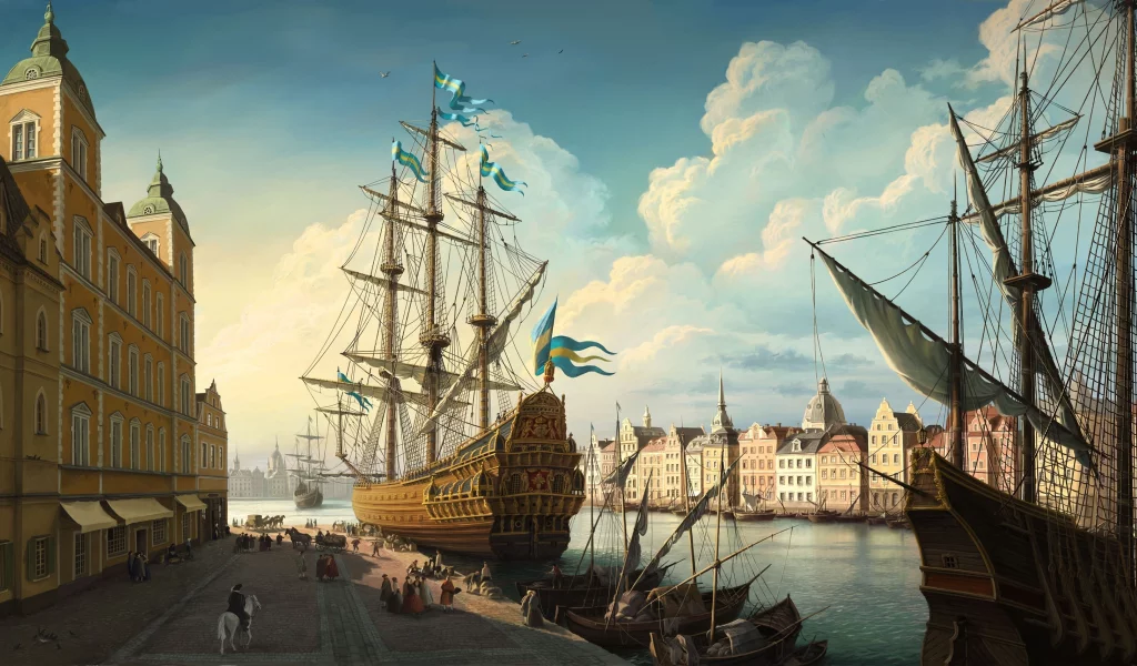 река, парусник, рисунок, корабль, облака