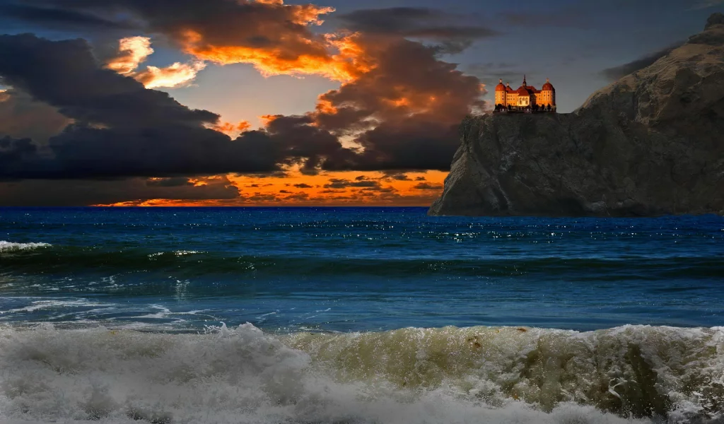 море, закат, небо