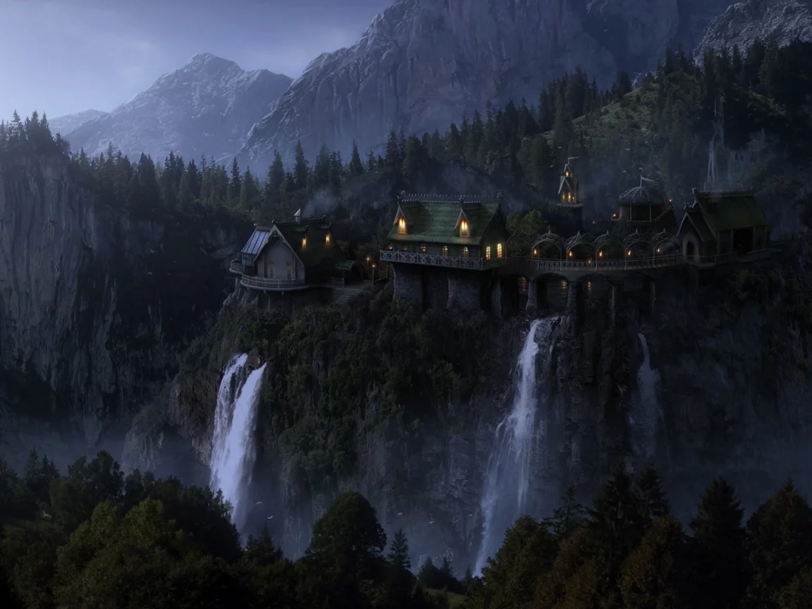 имладрис, mountains, властелин колец, imladris, водопады,, waterfalls, elven castle, trees, ривенделл, evening, fantasy, фэнтези, rocks, the lord of the rings, эльфийский замок, замок элронда, rivendell, lights, elven wood, birds, огни