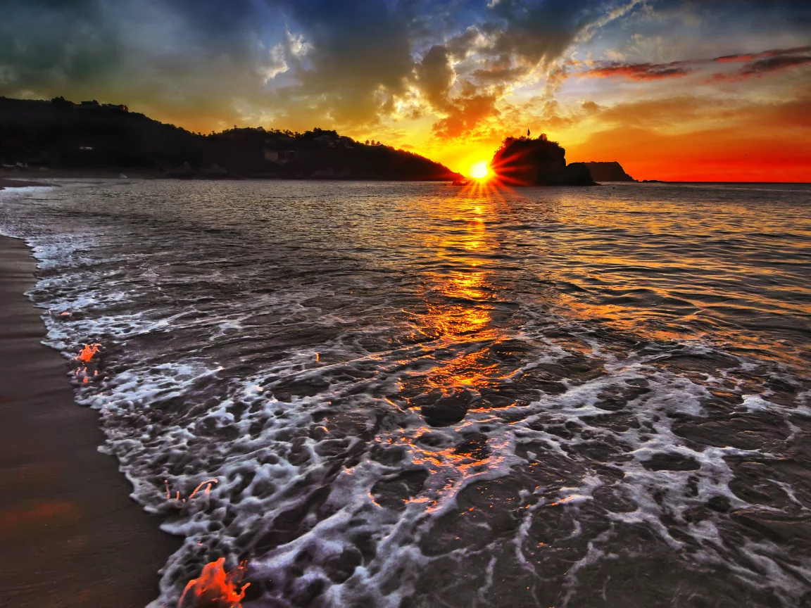 волны, закат, море
