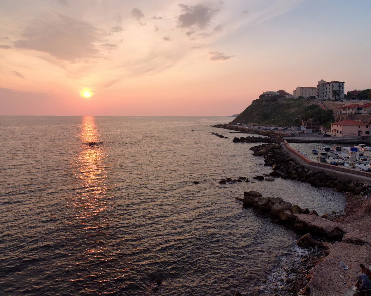 море, закат, город, пейзаж