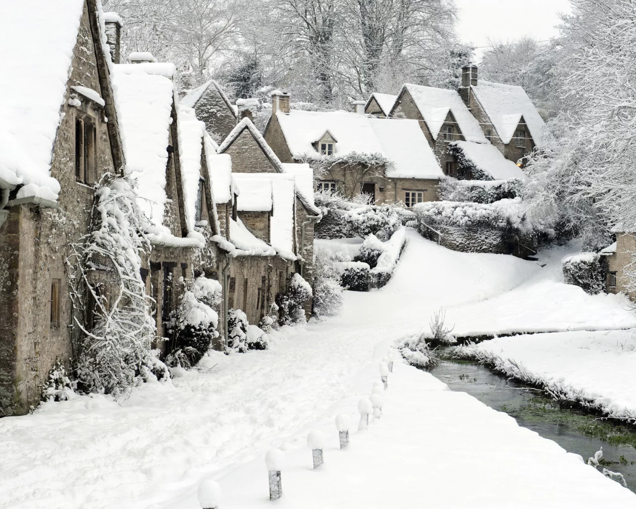 Bibury, снег, деревушка, англия, зима
