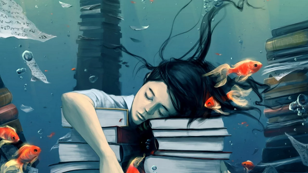 вода, книги, рыбки, учеба, девушка, спокойствие, пузыри, мечты, сон