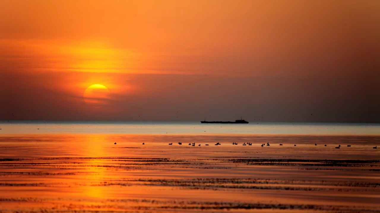 пейзаж, небо, закат, море, корабль
