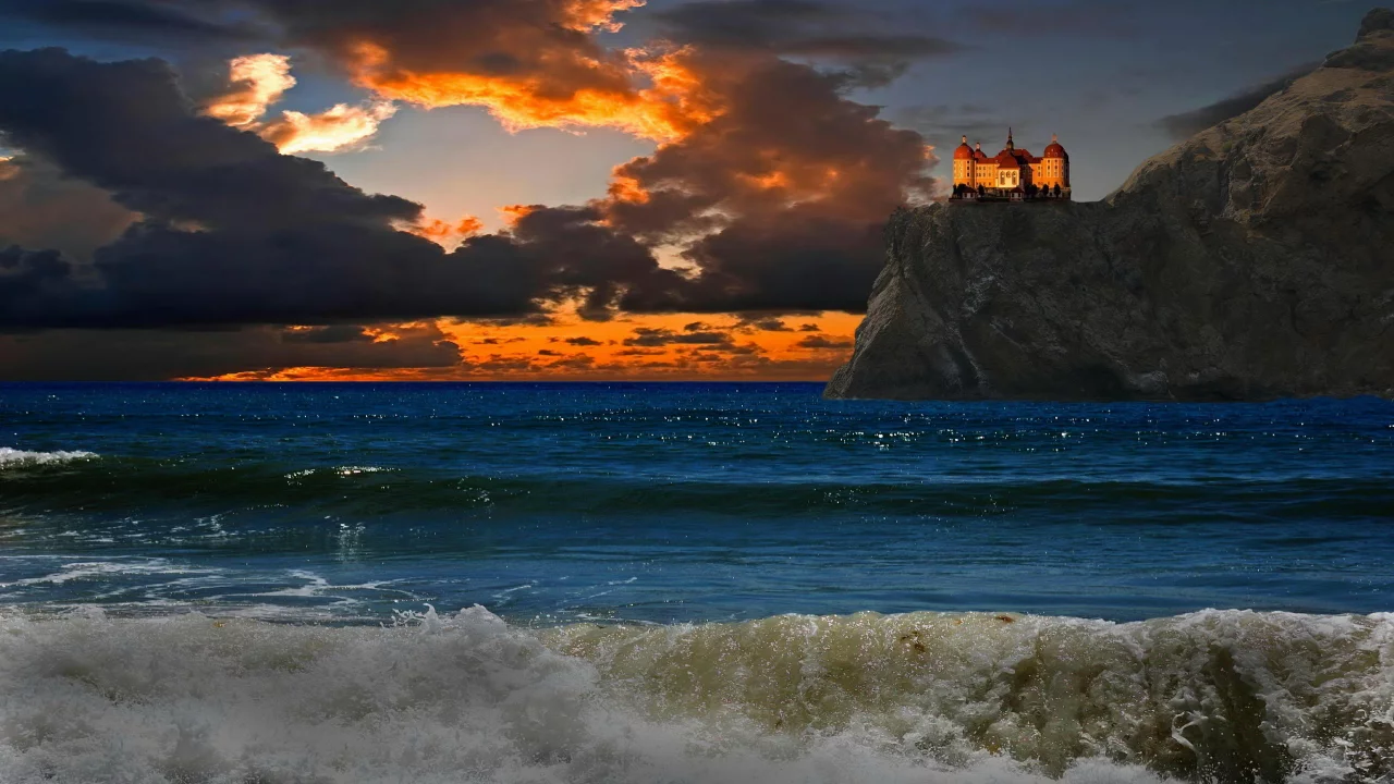 море, закат, небо