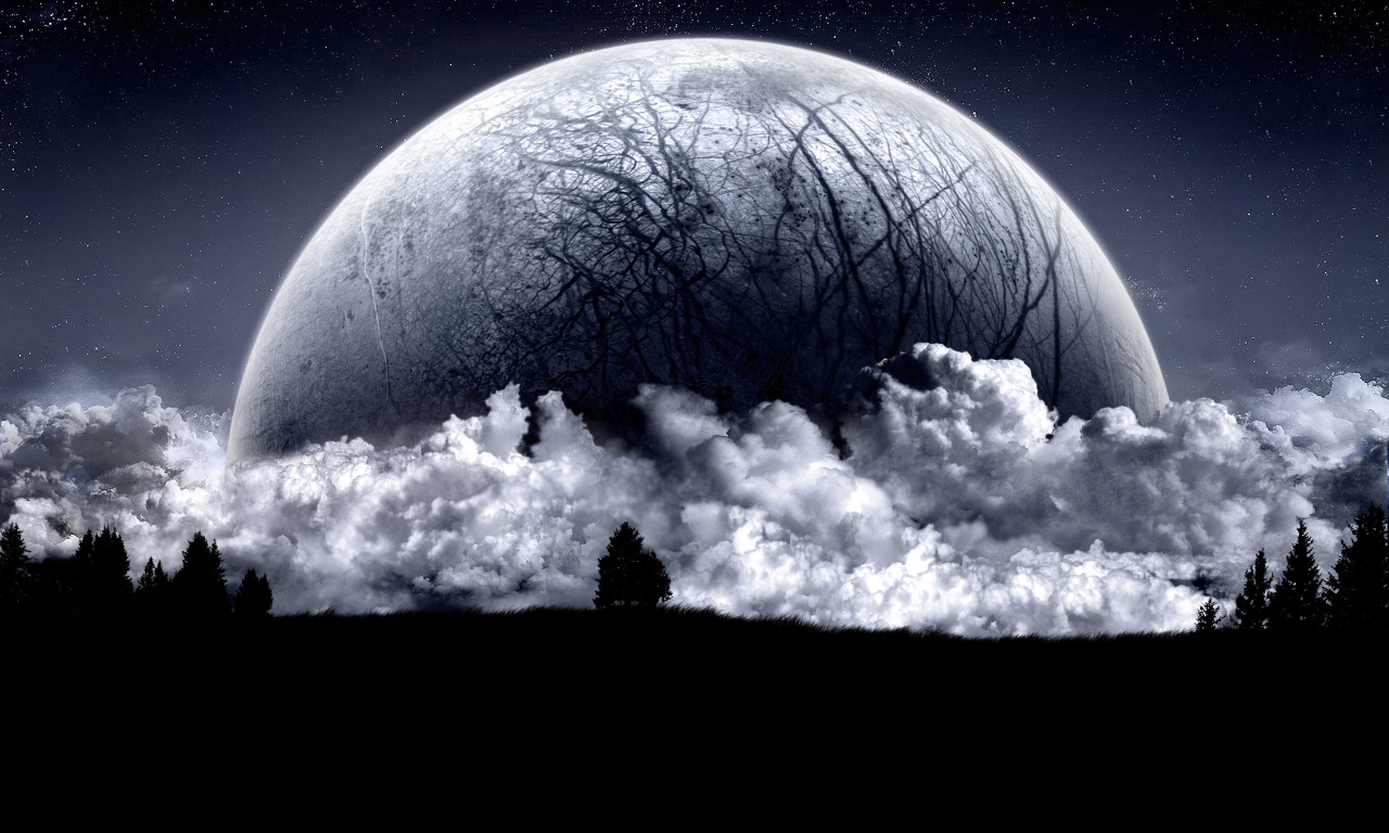 деревья, луна, ночь, облака, космос