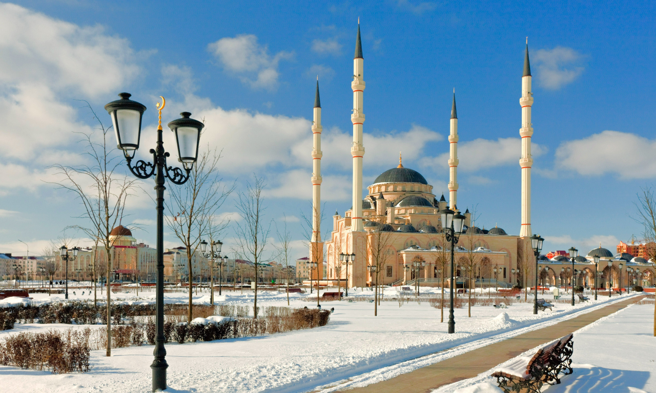 чечня, минарет, снег, мечеть