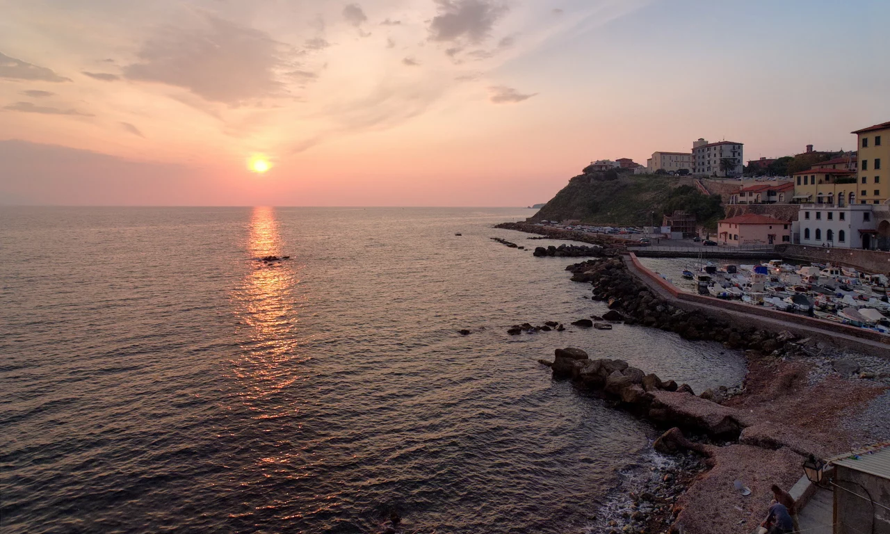 море, закат, город, пейзаж