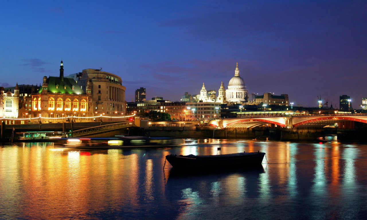 ночь, лондон, огни, мост, река