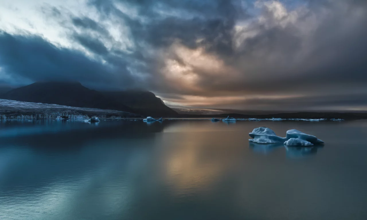 море, Закат, тучи, льдины, природа, пейзаж, горы, Исландия, небо, iceland