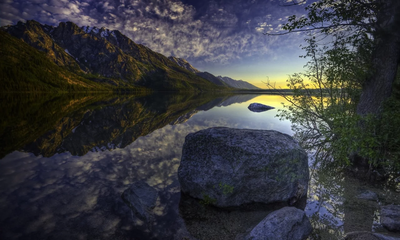 небо, закат, берег, вода, камень