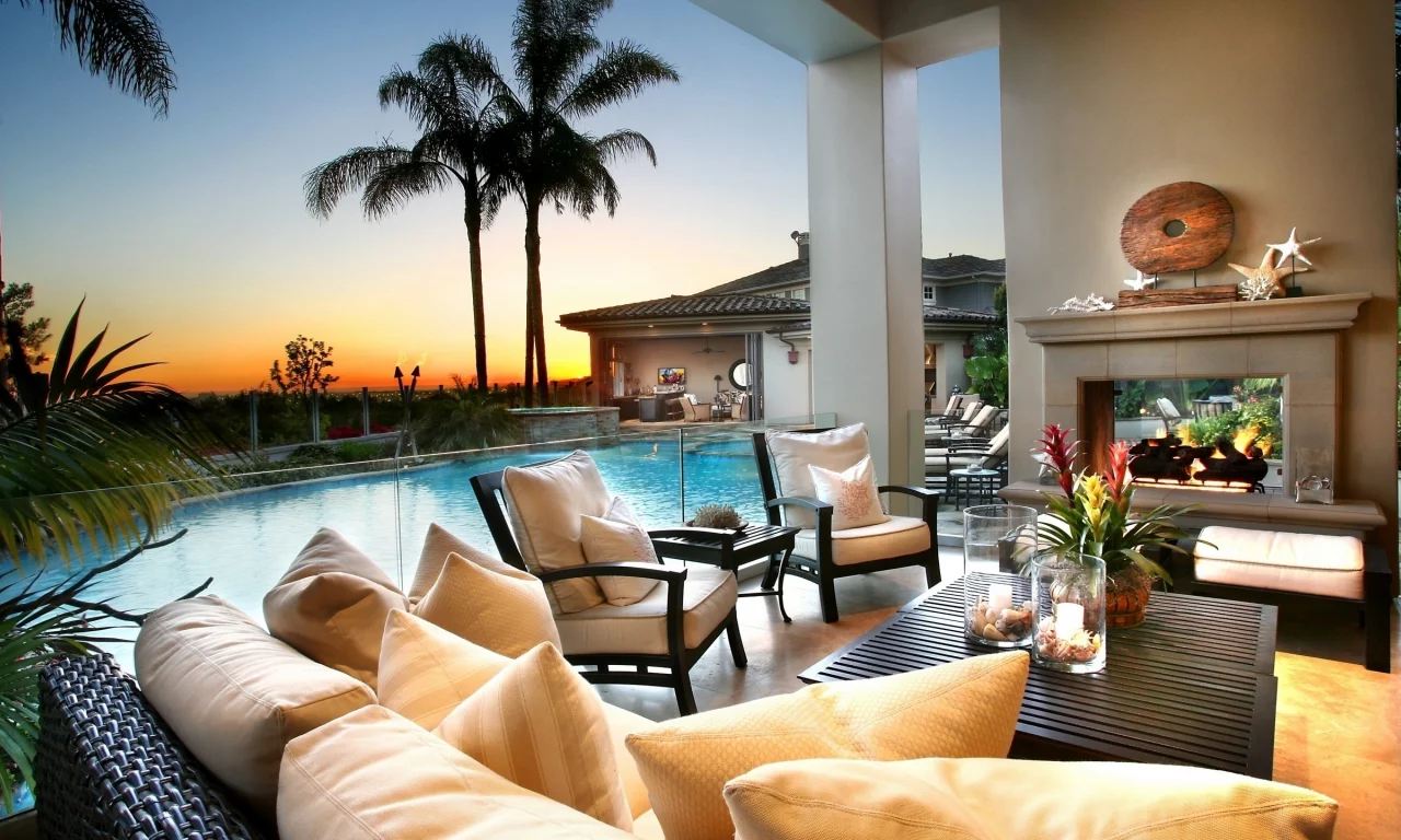 sunset, pool, style, flowers, sky, night, palm trees, summer, fire, clouds, nature