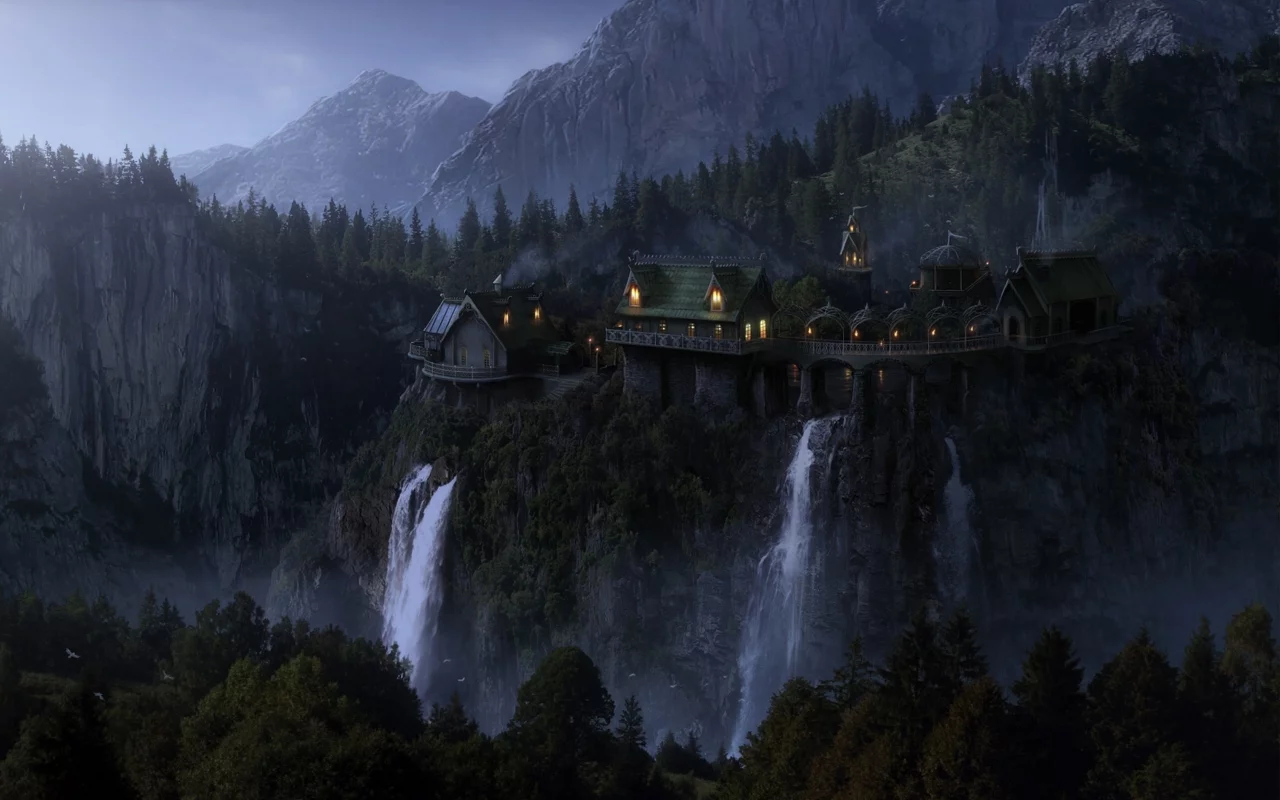 имладрис, mountains, властелин колец, imladris, водопады,, waterfalls, elven castle, trees, ривенделл, evening, fantasy, фэнтези, rocks, the lord of the rings, эльфийский замок, замок элронда, rivendell, lights, elven wood, birds, огни