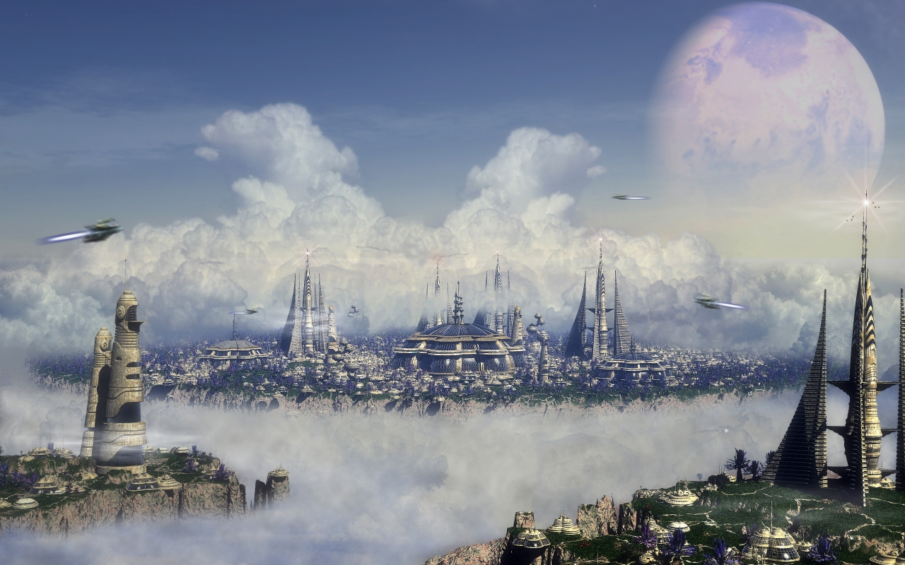 город, будущего, облака