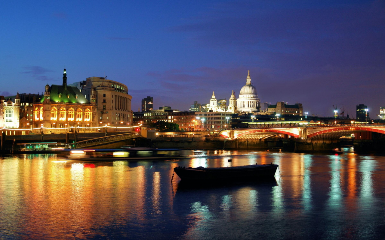 ночь, лондон, огни, мост, река